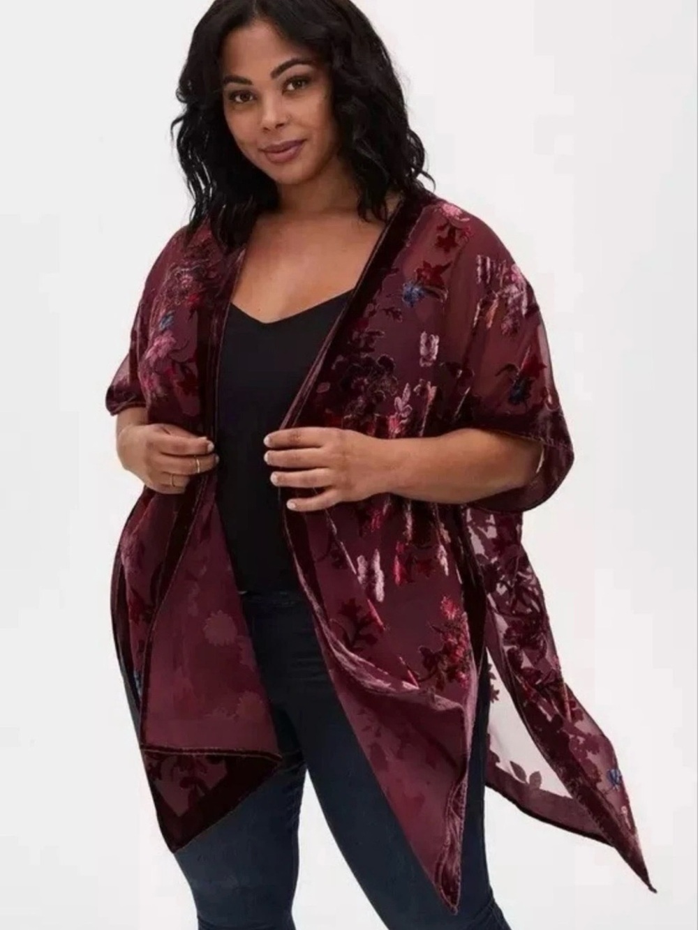 torrid Plum Floral Velvet Draped Kimono Wrap